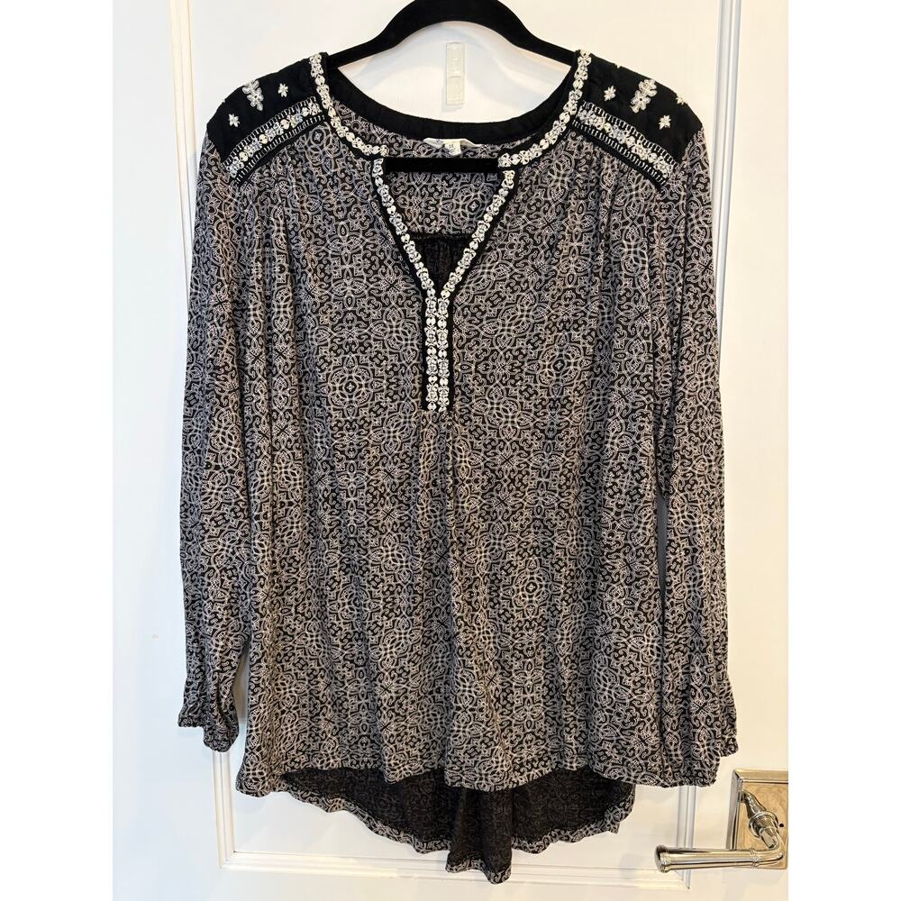 Lucky Brand Black White Geometric Boho Embroidered Peasant Blouse Plus Size 3X